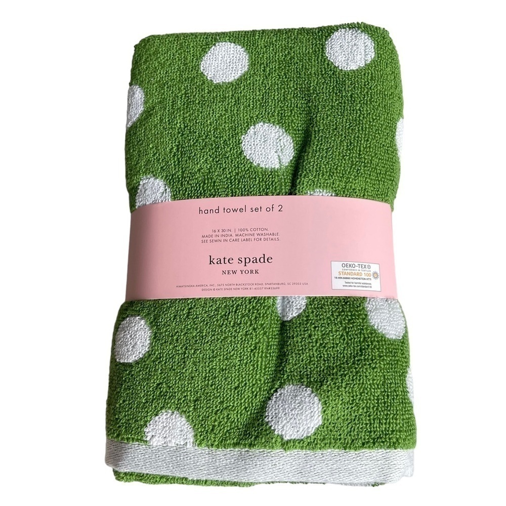 Kate Spade set of 2 Bright Green White Polka Dots Hand Towels cotton NWT - Picture 2 of 4
